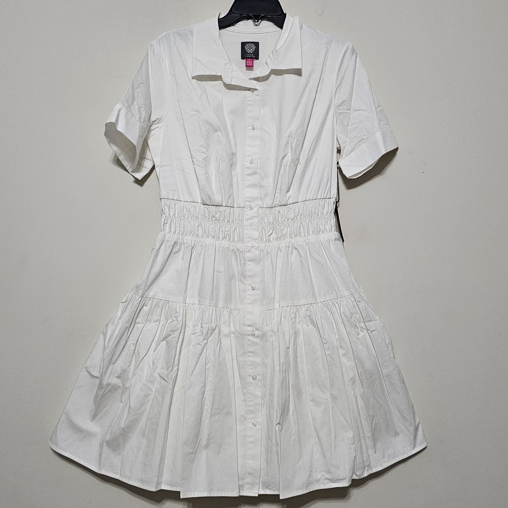 Vince Camuto Women Shirt Dress Size‎ 12 Fit Large New White Smocked Waist Button